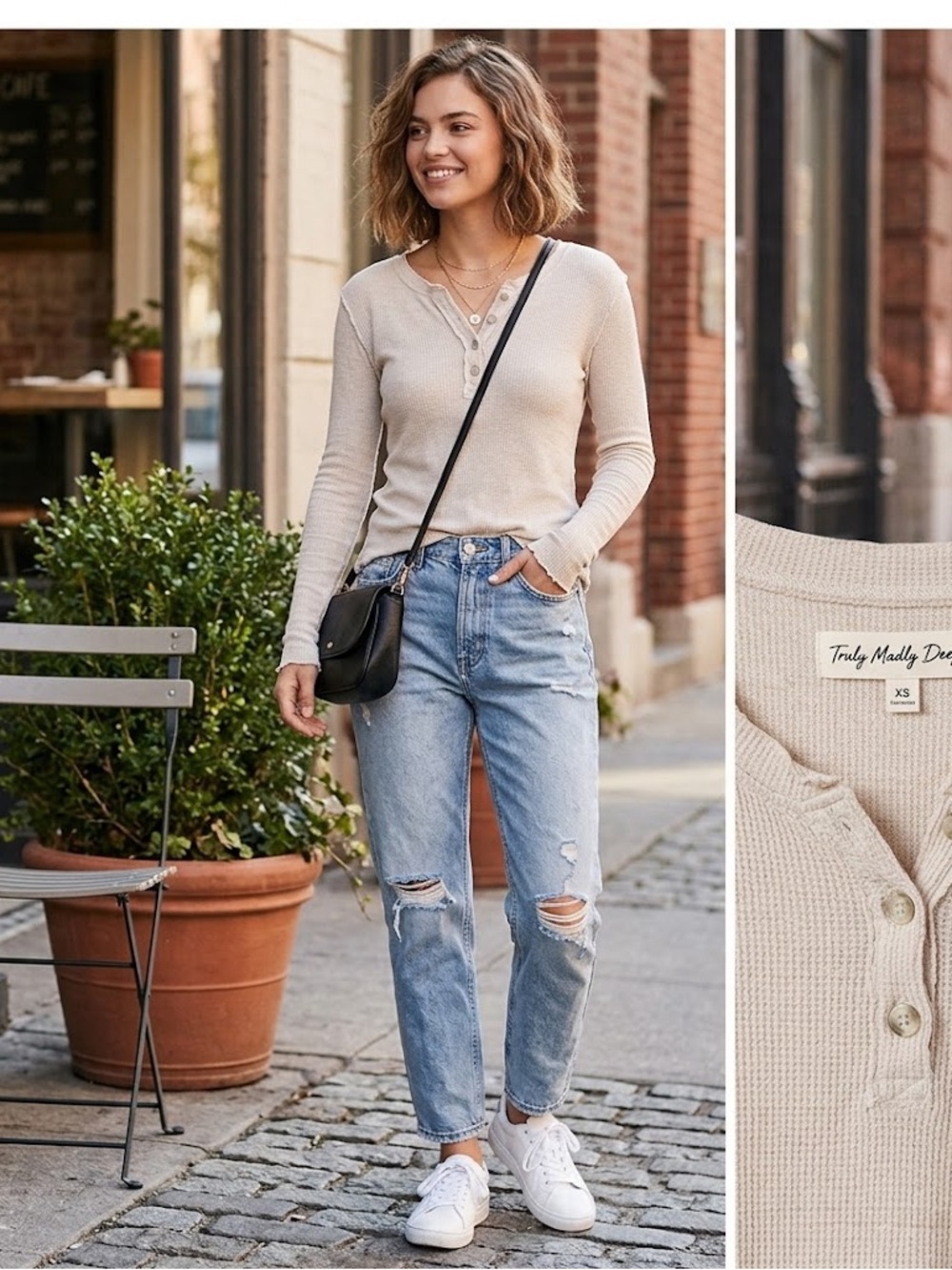 Truly Madly Deeply Urban Outfitters Oatmeal Boyfriend Thermal Top Size XS